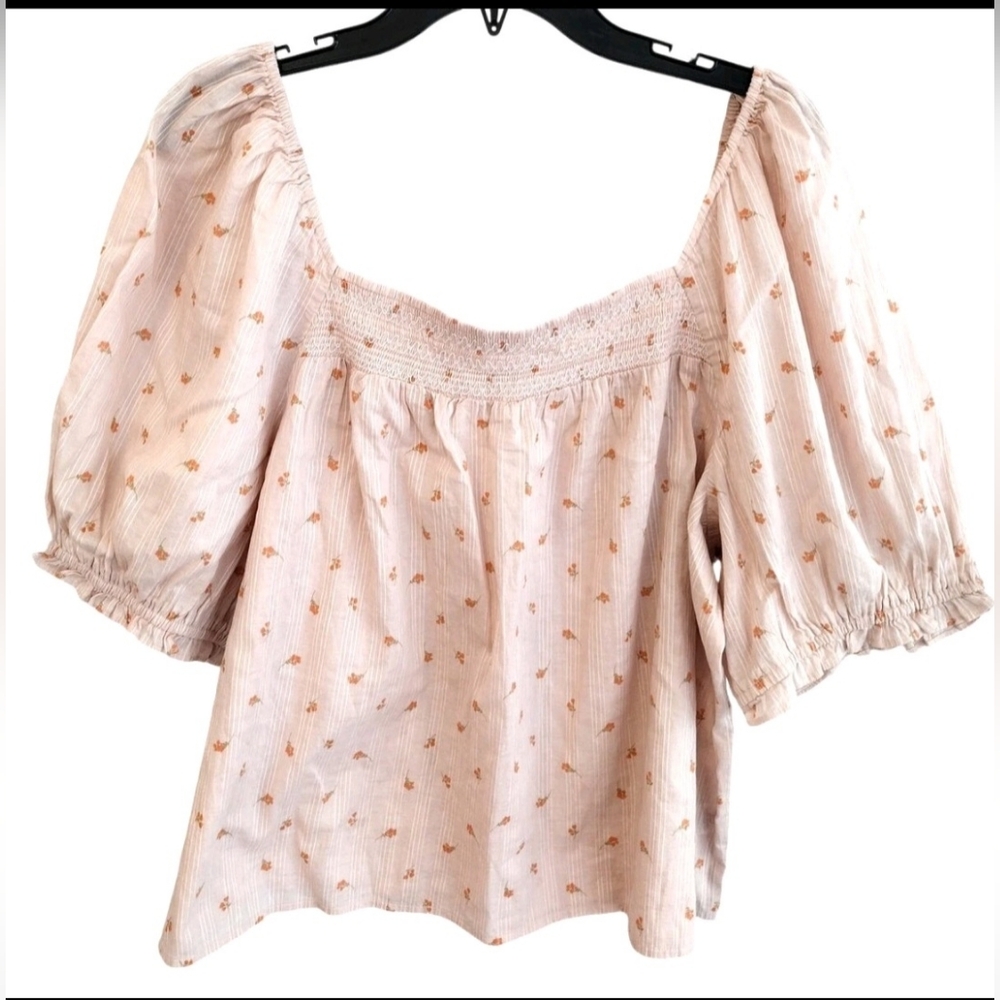ANA Cottagecore Floral Peasant Blouse 2X Pink Puff Sleeve Cotton Boxy Flowy